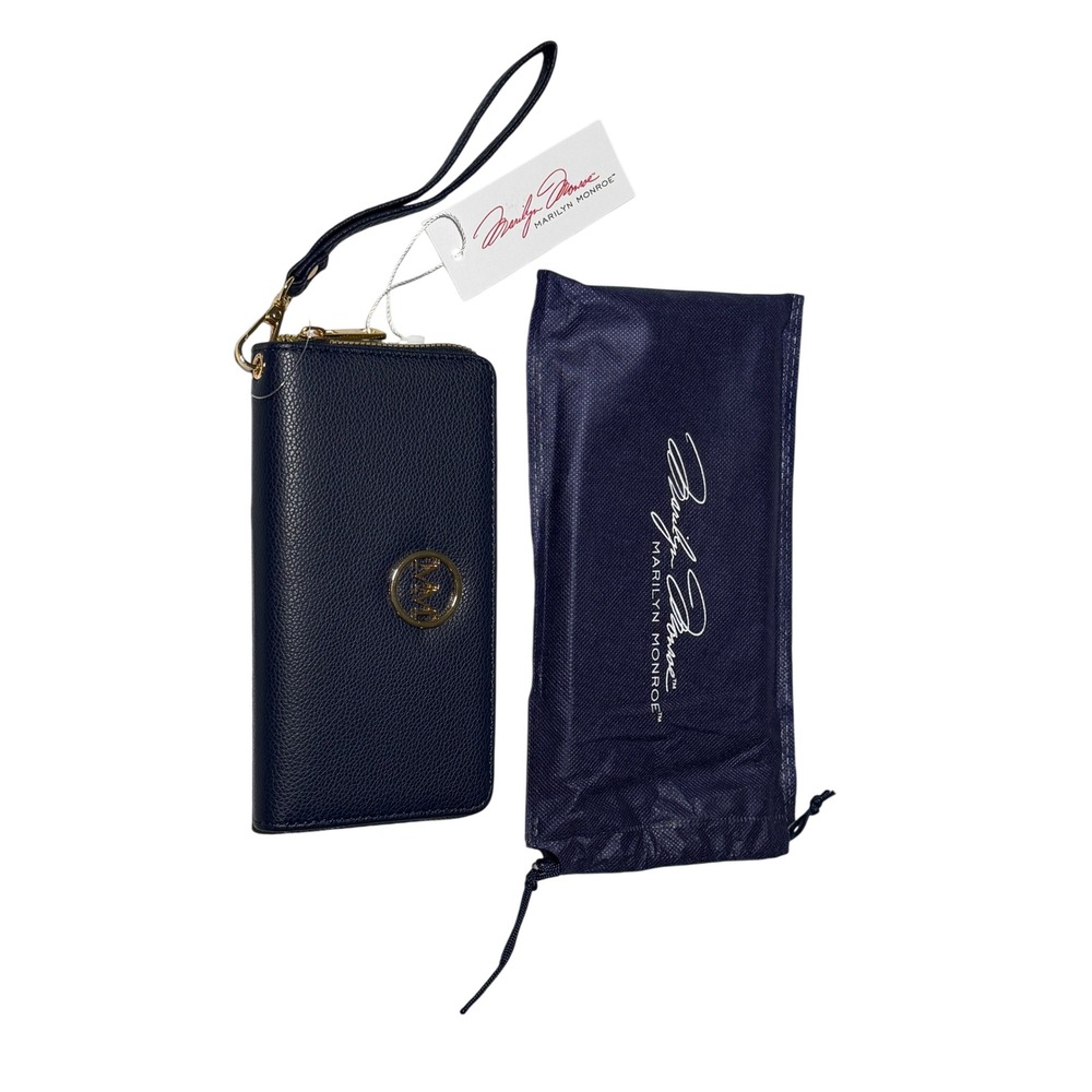 Marilyn Monroe Navy Blue Pebbled Wristlet Zip Around Wallet with Gold Hardware